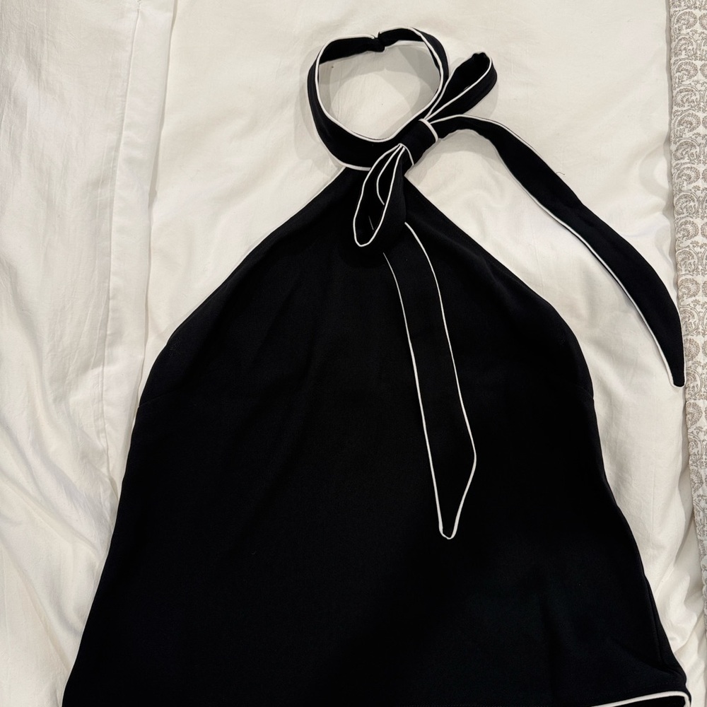 H&M Black Halter Neck Tie-Shoulder Blouse with White Piping - Picture 5 of 6